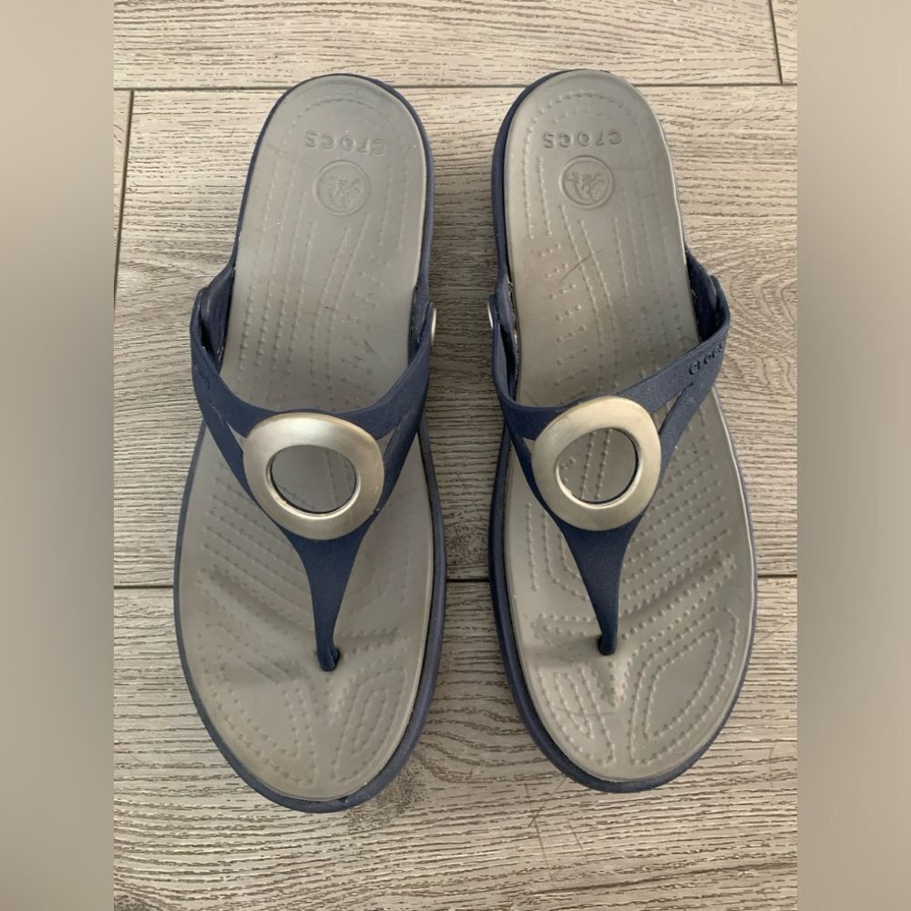 CROCS Women’s Navy Thong Sandals with Silver Ring Accent